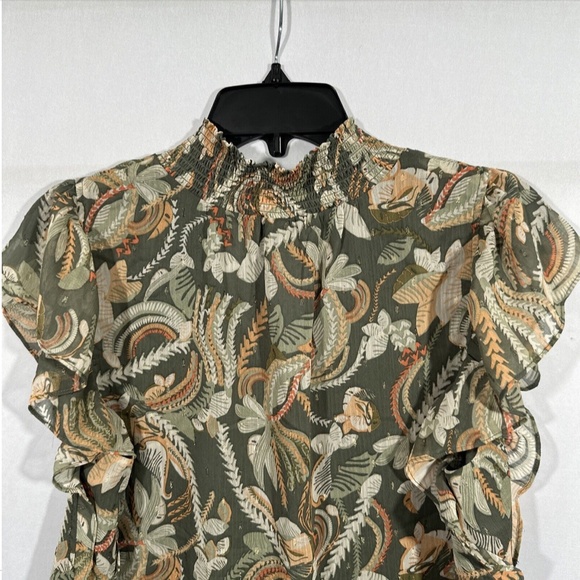 JOIE [ Large ]‎ Flutter Sleeve Floral Mock Neck Smocked Blouse Top Green - Picture 13 of 14